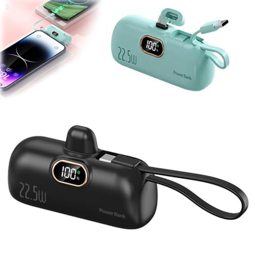 Mini Portable Charger with Built-in Cable, 22.5W Schnelles Aufladen externer Akku mit LED-Anzeige, 5000mAh Mini Powerbank, USB-C Ladekabel Klein Akkupack für Reise, Arbeit, Camping (Schwarz) von LUCKKY