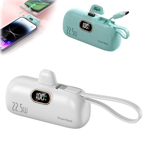 Mini Portable Charger with Built-in Cable, 22.5W Schnelles Aufladen externer Akku mit LED-Anzeige, 5000mAh Mini Powerbank, USB-C Ladekabel Klein Akkupack für Reise, Arbeit, Camping (Weiß) von LUCKKY