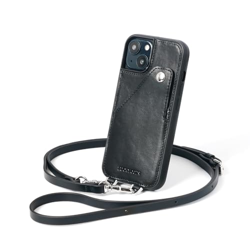 LUCKYCOIN Handgefertigte Umhängetasche aus echtem Leder für iPhone 13, mit Riemen, Lederhandtasche und Kartenhalter, stoßfest, langlebig, 15,5 cm, Schwarz von LUCKYCOIN
