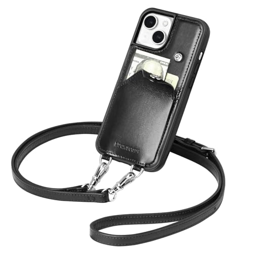 LUCKYCOIN Schutzhülle für iPhone 13, 15,5 cm (6,1 Zoll), mit Kartenhalter, Retro-Lederetui mit verstellbarem und abnehmbarem Umhängeband, schützende Crossbody-Handytasche für Damen, Schwarz von LUCKYCOIN