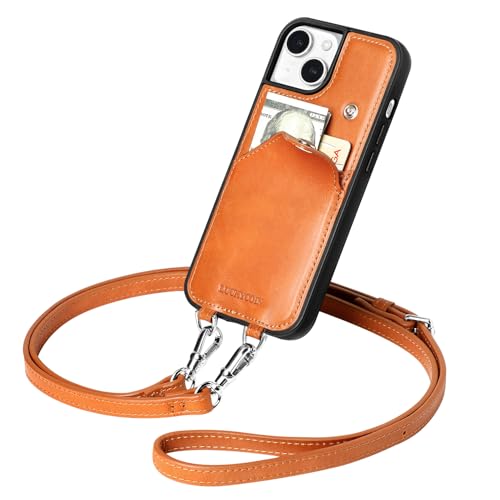 LUCKYCOIN Schutzhülle für iPhone 15, 15,5 cm (6,1 Zoll), mit Band und Kartenhalter, Retro-Leder-Klapphülle mit verstellbarem Umhängeband, stoßfeste Schutzhülle für Damen, Braun von LUCKYCOIN