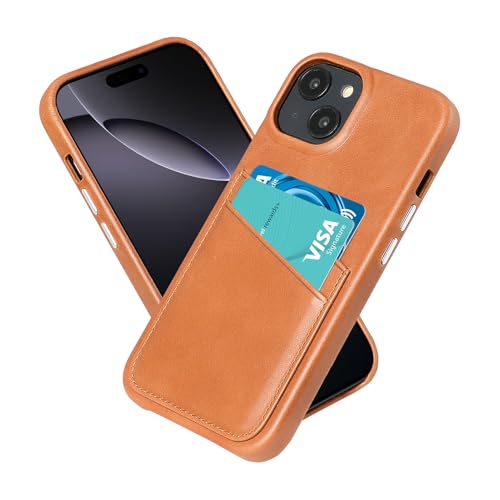LUCKYCOIN Schutzhülle aus echtem Leder für iPhone 15, Handy-Geldbörse mit 2 Kreditkartenfächern für Damen und Herren, kompatibel mit iPhone 15, Metallknöpfe, Stoßschutz, stoßfest, Hellbraun von LUCKYCOIN
