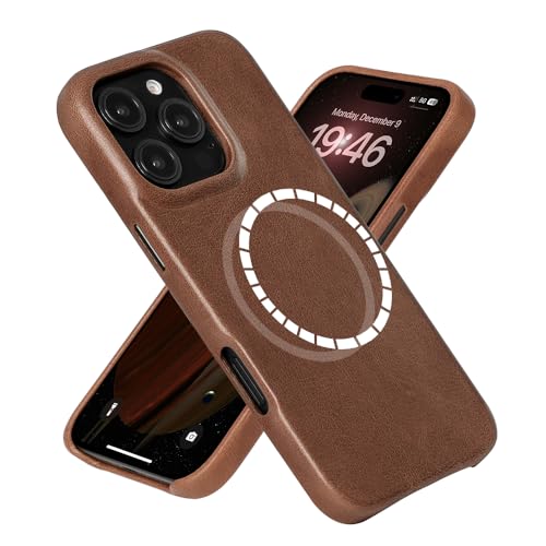 LUCKYCOIN Magnetische Schutzhülle für iPhone 16 Pro 16 cm (6,3 Zoll), kompatibel mit MagSafe kabelloses Laden, Premium-Echtleder-Hülle mit Metallknöpfen, stoßfeste Schutzhülle, schmale Passform von LUCKYCOIN