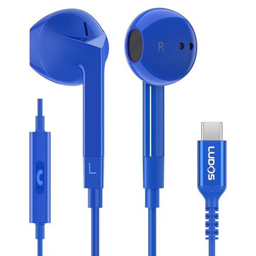 LUDOS FEROX USB C Kopfhörer, 5 Jahre Garantie für iPhone 16 15 Pro Max Plus Samsung Galaxy S24 S23 Ultra S22 S21 FE S20 A53 A54, USB Typ C Ohrhörer mit Mikrofon In-Ear mit Kabel für iPad Pro - Blau von LUDOS