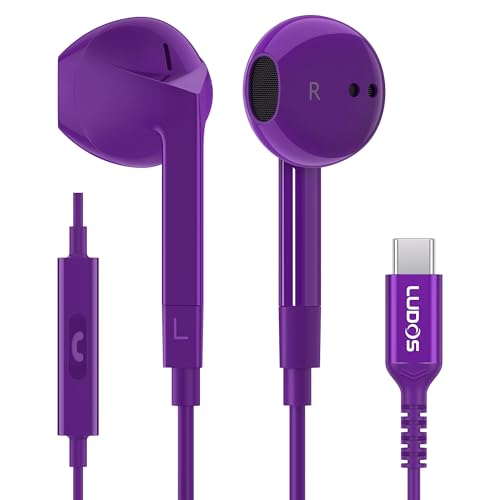 LUDOS FEROX USB C Kopfhörer, 5 Jahre Garantie für iPhone 16 15 Pro Max Plus Samsung Galaxy S24 S23 Ultra S22 S21 FE S20 A53 A54, USB Typ C Ohrhörer mit Mikrofon In-Ear mit Kabel für iPad Pro - Lila von LUDOS