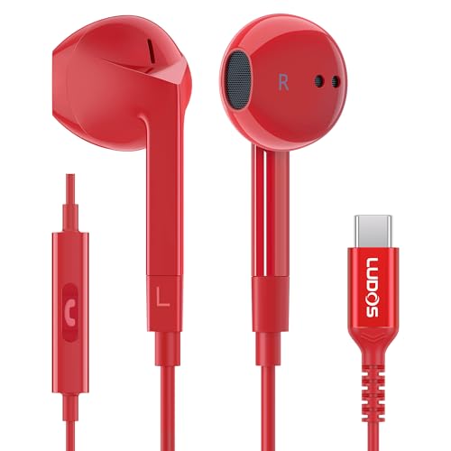 LUDOS FEROX USB C Kopfhörer, 5 Jahre Garantie für iPhone 16 15 Pro Max Plus Samsung Galaxy S24 S23 Ultra S22 S21 FE S20 A53 A54, USB Typ C Ohrhörer mit Mikrofon In-Ear mit Kabel für iPad Pro - Rot von LUDOS