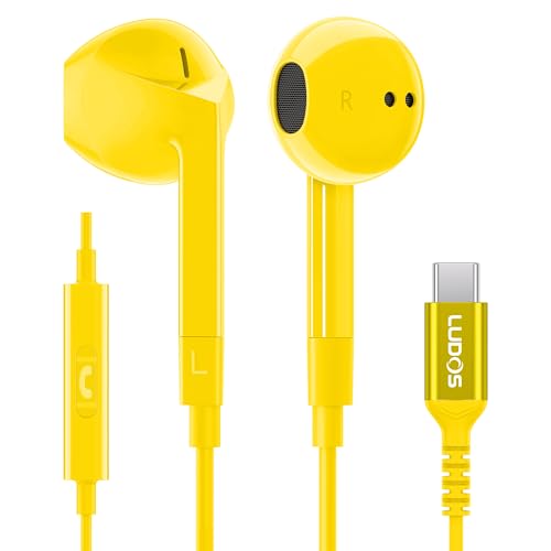 LUDOS FEROX USB C Kopfhörer, 5 Jahre Garantie für iPhone 16 15 Pro Max Plus Samsung Galaxy S24 S23 Ultra S22 S21 FE S20 A53 A54, USB Typ C Ohrhörer mit Mikrofon In-Ear mit Kabel für iPad Pro - Gelb von LUDOS