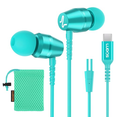 LUDOS OMNITONE USB C Kopfhörer, 5 Jahre Garantie für iPhone 16 15 Pro Max Plus Samsung Galaxy S24 S23 Ultra S22 S21 FE S20 A53 A54, USB Typ C Ohrhörer mit Mikrofon In-Ear mit Kabel für iPad - Türkis von LUDOS