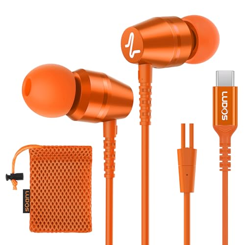 LUDOS OMNITONE USB C Kopfhörer, 5 Jahre Garantie für iPhone 16 15 Pro Max Plus Samsung Galaxy S24 S23 Ultra S22 S21 FE S20 A53 A54, USB Typ C Ohrhörer mit Mikrofon In-Ear mit Kabel für iPad - Orange von LUDOS
