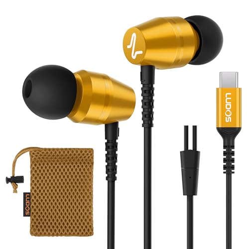 LUDOS OMNITONE USB C Kopfhörer, 5 Jahre Garantie für iPhone 16 15 Pro Max Plus Samsung Galaxy S24 S23 Ultra S22 S21 FE S20 A53 A54, USB Typ C Ohrhörer mit Mikrofon In-Ear mit Kabel für iPad - Gold von LUDOS