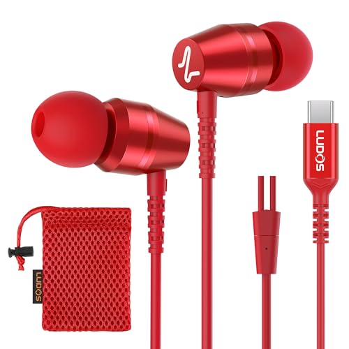LUDOS OMNITONE USB C Kopfhörer, 5 Jahre Garantie für iPhone 16 15 Pro Max Plus Samsung Galaxy S24 S23 Ultra S22 S21 FE S20 A53 A54, USB Typ C Ohrhörer mit Mikrofon In-Ear mit Kabel für iPad - Rot von LUDOS
