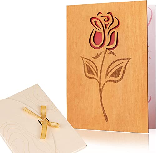 LÜNIC Grußkarte aus Holz mit Umschlag Rose - Blumenkarte Blumengrußkarte Glückwunschkarte Geschenkkarte für Ehefrau, Freundin, Mutter, zum Geburtstag, Jubiläum, Muttertag, Valentinstag, Hochzeit von LÜNIC