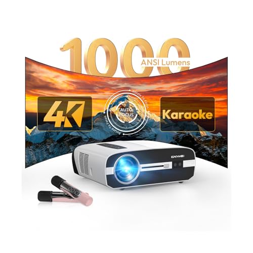 [Autofokus & Karaoke] Beamer 4K Heimkino, 1000 ANSI LED Tageslicht Beamer mit Leinwand und Kabellose Mikrofone, Full HD Smart Video Projektor mit 5G WLAN, Bluetooth, Android TV für Gaming, Party von LUFVEBUT