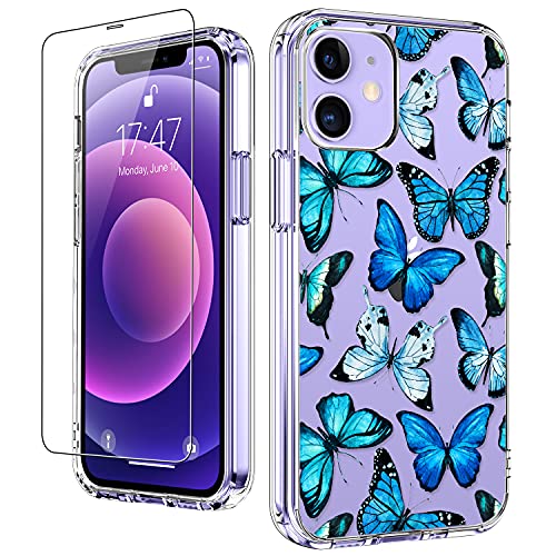 LUHOURI Schutzhülle für iPhone 12, iPhone 12 Pro, mit Displayschutzfolie, blaue Schmetterlinge, Blumendesign, kristallklare Hülle für Damen und Mädchen, Schutzhülle für iPhone 12/12 Pro 15,5 cm von LUHOURI