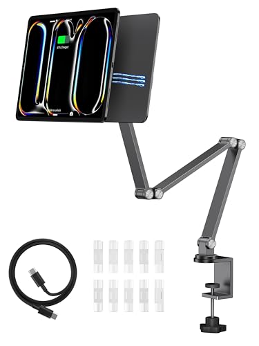 LULULOOK Magnetisch Kabelloses Aufladen Ständer für iPad Pro 13'' M4 (2024), Aluminium 360° Einstellbar Faltbar iPad Pro Arm Halterung, 18W Aufladen Tablet Halterung mit 2M USB C Kabel von LULULOOK