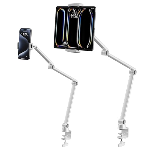LULULOOK Tablet Halterung Bett, Aluminum iPad Halterung Bett mit Dehnbar Langer Arm, Einstellbar Kindle Halterung 2 Clips Tisch Ständer für iPad Pro 13" 2024/iPhone 16 Pro/Galaxy Tabs/Kindle, 3.5-13" von LULULOOK