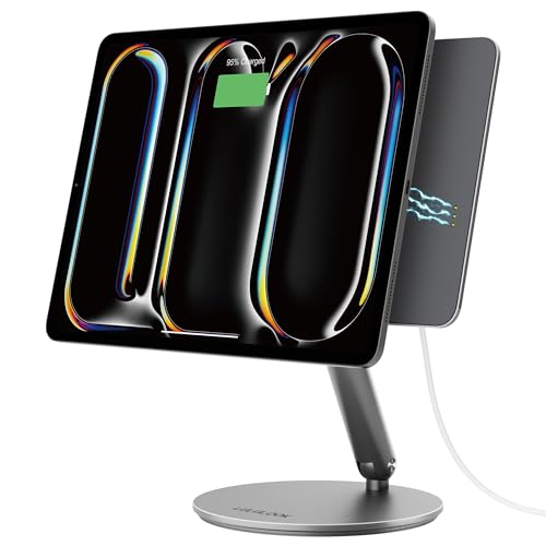 LULULOOK【Upgraded Magnetisch Kabelloses Laden Ständer für iPad Pro 11" M4 (2024), Faltbar iPad Pro Ständer mit 360° Schwenk Basis, 18W Aufladen Aluminium Verstellbar Tablet Ständer mit USB C Kabel von LULULOOK