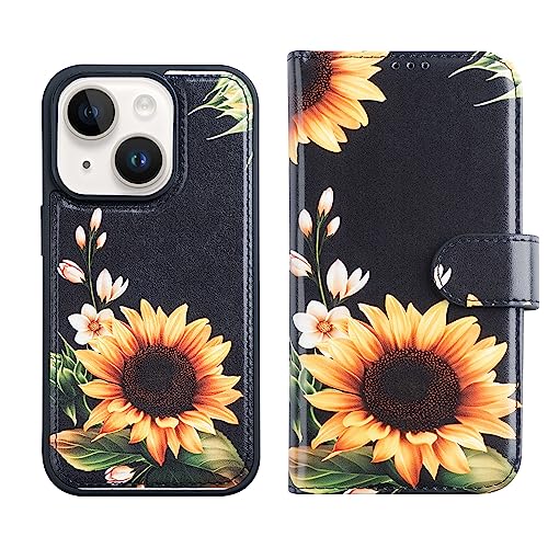 LUMARKE Schutzhülle für iPhone 15 (6,1 Zoll), abnehmbar, RFID-blockierend, 4 Kartenfächer, hochwertiges Leder, magnetischer Ständer, Schutzhülle für 15,5 cm, Sonnenblumen von LUMARKE