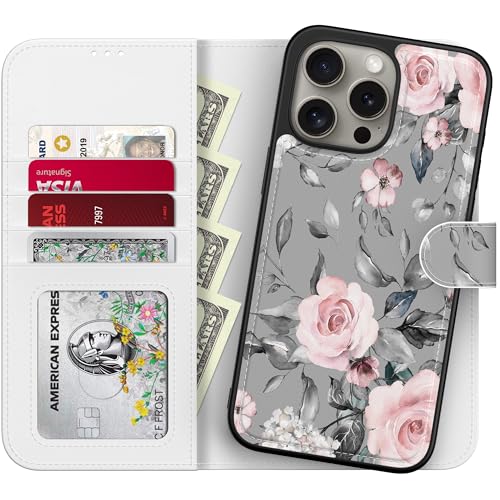 LUMARKE Schutzhülle für iPhone 15 Pro, abnehmbare Klapphülle, RFID-blockierend, 4 Kartenfächer, magnetischer Ständer, Schutzhülle für 15,5 cm (6,1 Zoll), elegantes rosa Blumenmuster von LUMARKE