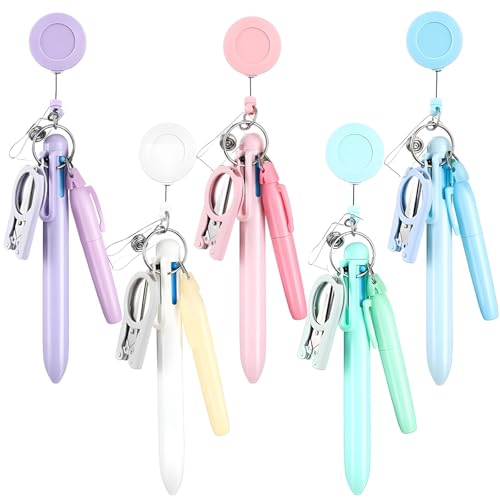 20-teiliges Krankenschwester-Abzeichen- und Stifte-Set, inkl. 5 einziehbaren Abzeichen, 5 Kugelschreiber, 5 Textmarker und 5 faltbare Scheren in Pastellfarben von LUMINFLY
