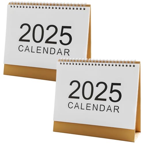 2er Pack Mini Tischkalender 2025, einfacher Monatsplaner mit Bindung, brauner Basis, weißes minimalistisches Design, großer 2025 Header von LUMINFLY