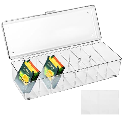Transparenter Teebeutel-Organizer mit 8 Fächern, Getränke-Pakethalter mit Deckel, Speisekammer-Trennwand, Aufbewahrungsbehälter, inklusive Etikettenaufklebern und Kabelbindern für Küche und Büro Transparenter Teebeutel-Organizer mit 8 Fächern, Getränke-Pakethalter mit Deckel, Speisekammer-Trennwand, Aufbewahrungsbehälter, inklusive Etikettenaufklebern und Kabelbindern für Küche und Büro von LUMINFLY
