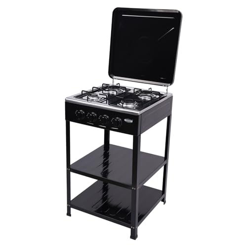 LUNICASHA Gaskochfeld 4 Flammig, Erdgas Gaskochfeld mit Beleuchteter Drehknopf, Freistehend Gaskochfeld mit Stützen, Gas Stove mit Windschutzscheibe (Schwarz) von LUNICASHA