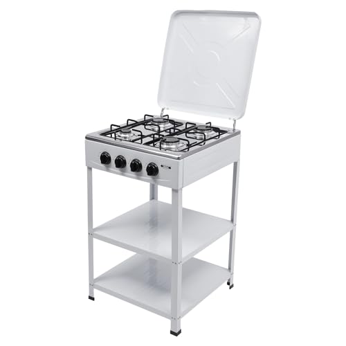 LUNICASHA Gaskochfeld 4 Flammig, Erdgas Gaskochfeld mit Beleuchteter Drehknopf, Freistehend Gaskochfeld mit Stützen, Gas Stove mit Windschutzscheibe (Weiß) von LUNICASHA