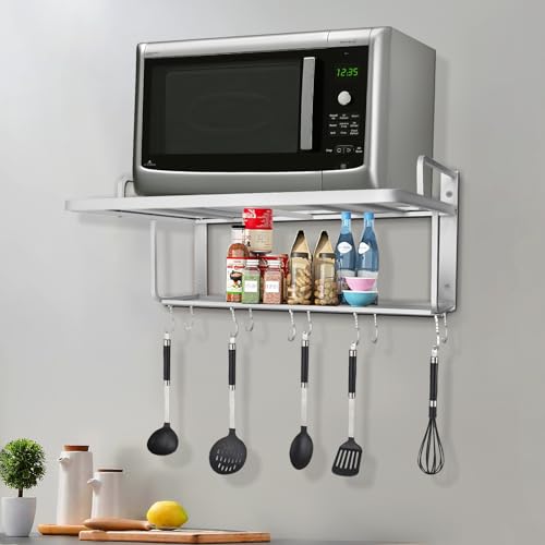 LUNICASHA Mikrowellenhalterung Mikrowellen Regal, 2-Tier Wandmontierte Mikrowelle Ofen Rack, Wand-montierte Mikrowelle Ofen Regal mit 10 Haken, Küchen Wandhalterung für Mikrowellen Grillofen von LUNICASHA