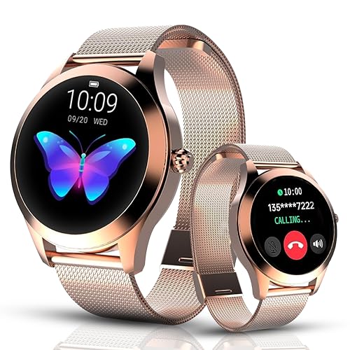 LUNIQUESHOP 2024 Neue runde 2 Smartwatch Frauen mit Telefonfunktion, Sprachassistent|Kleiner runder 1,19" SpO2 Herzfrequenzmonitor Blutdruckmonitor Schlafmonitor Whatsapp Damenuhr Android iOS Gold von LUNIQUESHOP