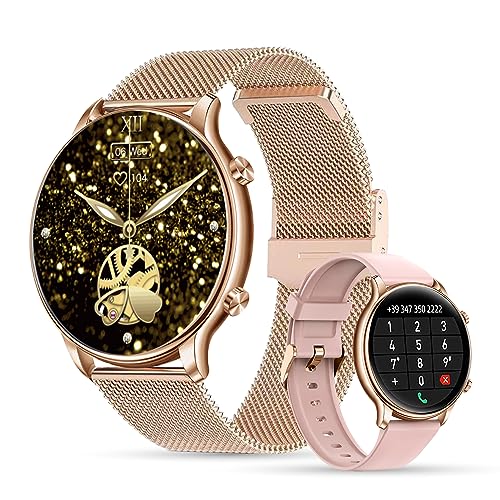 LUNIQUESHOP LSWATCH Smartwatch Damen mit Telefonfunktion 1.32 Zoll HD Temperatur, Blutsauerstoff, Spannung Herzfrequenz Schrittzähler Pulsmesser Schlafmonitor SPO2, 2 Armbänder iOS Android Roségold von LUNIQUESHOP