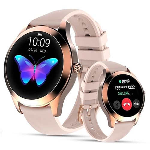 LUNIQUESHOP Round 2 Smartwatch für Damen, Telefonanruf, Sprachassistenz, Touchscreen, kleine runde Größe, Herzfrequenz, Schlaf, Smartwatch Android iOS (Rosa) von LUNIQUESHOP