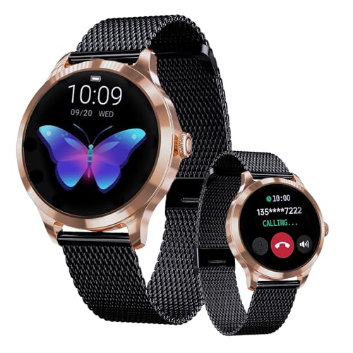 LUNIQUESHOP Neue Round Smartwatch V2 für Frauen Telefonfunktion, Sprachassistent|Kleiner runder 1,19" 120 Sports Herzfrequenzmonitor Blutdruckmonitor Schlafmonitor Damenuhr Android iOS Schwartz Gold von LUNIQUESHOP