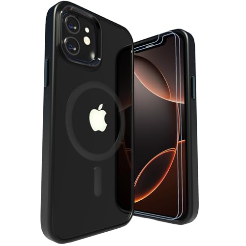 LUNOVATE Hülle für iPhone 12/12 Pro, [Anti-Gelb] Magnetische Klare Hülle mit 2 Schutzfolie, Kratzfester Durchsichtig PC Rücken, Bunte Transparent Stoßfest für iPhone 12 und iPhone 12 Pro - Schwarz von LUNOVATE