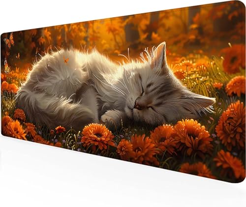 Mousepad Katze Gaming Mauspad XXL 1500 x 800 x 3 mm, Vernähten Kanten Mousepad Gaming Gelb Schreibtischunterlage WassXerdicht rutschfeste Gummibasis Mouse Pad für PC, Laptop, Geschenke -Ly4121A von LUOLYYEI