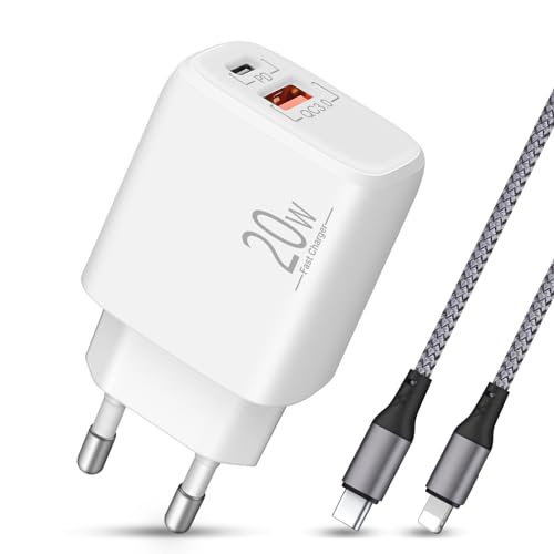 LUOSIKE 20W USB C Ladegerät und 2m iPhone Ladekabel, 2-Port Netzteil mit Nylon USB-C zu Lightning Kabel, USB C Stecker/Adapter mit PD/QC, Kompatibel mit iPhone 14/13/12/11/Pro Max/Mini/SE/XS/XR/X/8 von LUOSIKE