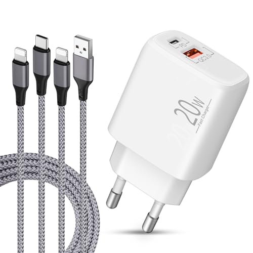 LUOSIKE 20W USB C Ladegerät und 2x 2m iPhone Ladekabel, 2-Port Netzteil/Stecker/Adapter mit Nylon Lightning Kabeln, Schnellladegerät mit PD, Kompatibel mit iPhone 14/13/12/11/Pro Max/mini/SE/XS/XR/X/8 von LUOSIKE