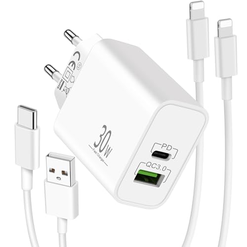 LUOSIKE 30W USB C Ladegerät und 2X 2m iPhone Ladekabel, 2-Port Netzteil/Stecker/Adapter mit USB-C/A zu Lightning Kabel, Schnellladegerät Kompatibel mit iPhone 14/13/12/11/Pro Max/Mini/SE/XS/XR/X/8 von LUOSIKE