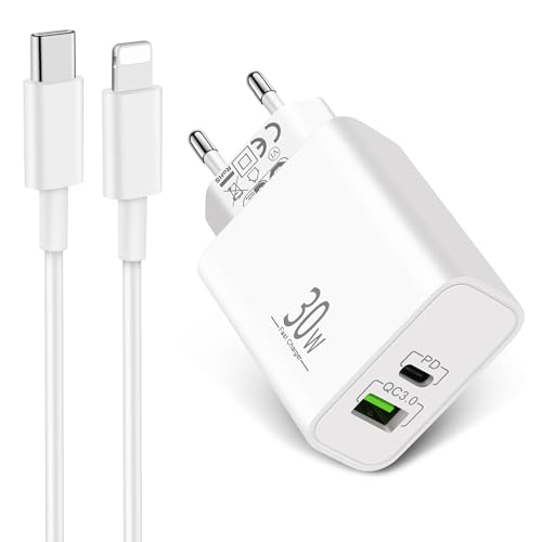 LUOSIKE 30W USB C Ladegerät und 2m iPhone Ladekabel, 2-Port Netzteil mit USB-C zu Lightning Kabel, USB C Stecker/Adapter, Schnellladegerät Kompatibel mit iPhone 14/13/12/11/Pro Max/Mini/SE/XS/XR/X/8 von LUOSIKE