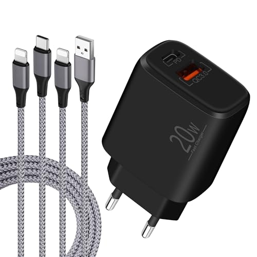 LUOSIKE USB C Ladegerät, 20W USB C Netzteil/Stecker mit 2 2m Lightning Kabeln, Schnellladegerät mit PD, QC-Anschluss und Nylon-Ladekabeln Kompatibel mit iPhone 14/13/12/11/Pro/Max/mini/SE/XR/X/8/iPad von LUOSIKE