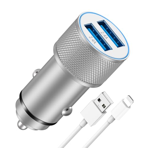 LUOSIKE Zigarettenanzünder USB Adapter mit iPhone Ladekabel, 5V/2,4A 2-Port Kfz Ladegerät und 1m Lightning Kabel, 12V/24V Steckdose für Auto, Kompatibel mit iPhone, Dash Cam und andere Geräte im Auto von LUOSIKE