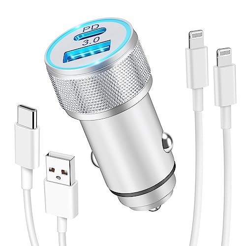 LUOSIKE Zigarettenanzünder USB C Adapter mit iPhone Ladekabel, 38W 2-Port (PD/QC) Kfz Ladegerät und 2X 1m Kabel, 12V/24V Steckdose für Auto, Kompatibel mit iPhone 14/13/12/11/Pro/Max/Plus/mini/SE von LUOSIKE