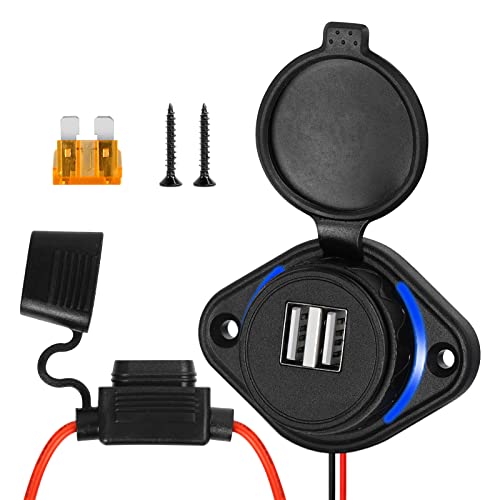 LURICO USB Auto Steckdose, 5V 4.8A Dual USB Ladegerät mit 2 Schrauben, 12V/24V KFZ Power Adapter mit Sicherung 5A, LED Blaue Licht, Schnelllade für Auto, Motorrad, Boote, Marine, LKW, SUV (Bleu) von LURICO