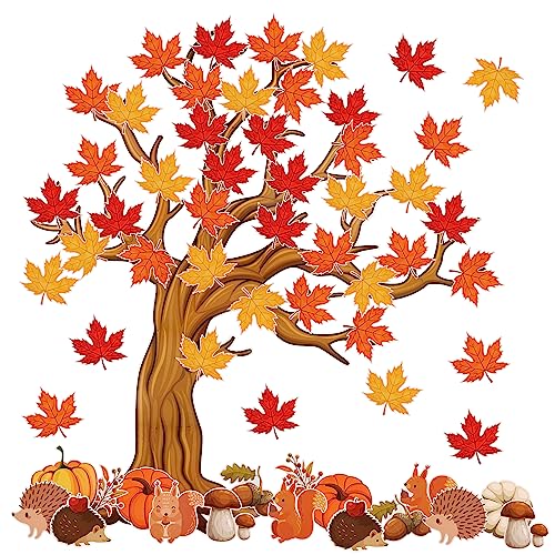 80stk Pinnwand Baum Dekorationen Herbst-Papierausschnitte für Pinnwände Ahornblatt-Kürbis-Eichhörnchen-Igel-Muster für Zuhause Schulanfang Saisondekoration Erntedankfest von LUTER