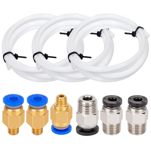 Luter 3D Drucker Teflonschlauch PTFE Weiß Tubing (1m) + PC4-M6 Verschraubungen + PC4-M10 Gerade pneumatische Verschraubung Zum Verbinden von PTFE-Schlauch für 1,75mm Filament drücken(Jeweils 3 Stück) von LUTER