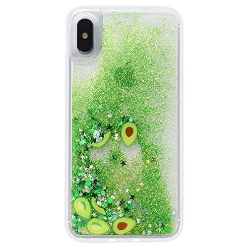 LUVI Flüssige Schutzhülle für iPhone X/XS, lustige glänzende Sterne, funkelnde grüne Treibsand-Hülle, fließend, schwimmend, ultradünn, klar, Bumper, Obst-Avocado-Muster, Glitzer-Abdeckung, passend für von LUVI