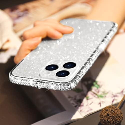 LUVI Für iPhone 14 Pro Max Bling Glitzer Hülle für Frauen Niedliche Diamant Strass mit Glänzend Glitzer Acryl Rückseite Plating Metall Bumper Rahmen Kante Schutzhülle Mädchen Mode Luxus Hülle Silber von LUVI