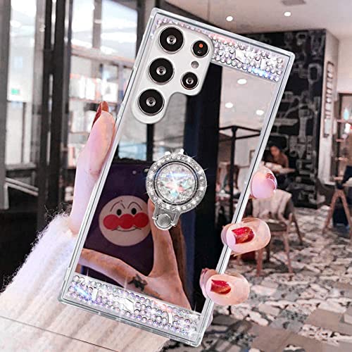 LUVI Kompatibel mit Galaxy S23 Ultra Make-up Spiegel Hülle Diamant Glitzer Strass mit Ring Ständer Kickstand Niedlich für Mädchen Frauen Cover Bling Kristall Ring Halter Finger Grip Handyhülle Silber von LUVI