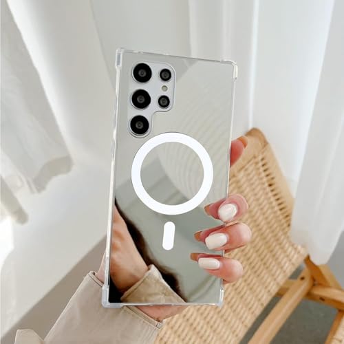 LUVI Kompatibel mit Galaxy S25 Ultra Spiegel Hülle Magnetisch Niedlich für Frauen Mädchen Kompatibel mit Magsafe Silikon Bumper Slim Ultra Dünn Eckenschutz Stoßfest Design Mode Luxus Cover Silber von LUVI