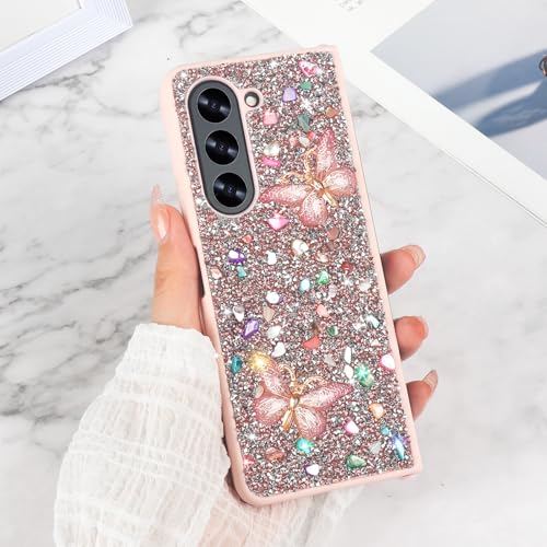LUVI Kompatibel mit Galaxy Z Fold 6 Hülle Bling Glitzer für Frauen Mädchen Sparkle Strass Schmetterling Stoßfest Niedlich Dünn Stoßfest Schutzhülle für Galaxy Z Fold 6 Rosa von LUVI